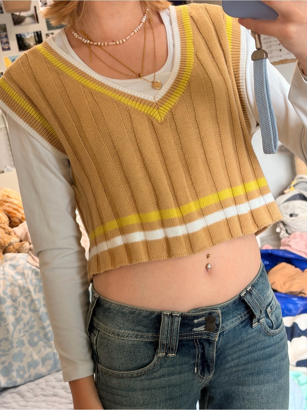 BDG Tan Cropped V-Neck Sweater Vest with Yellow & White Stripes